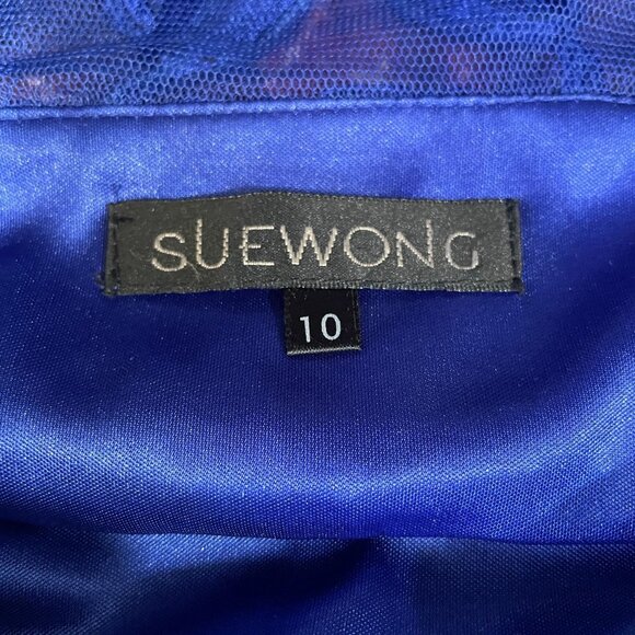 Sue Wong Blue Embroidered Mesh Cocktail Dress Size 10 Elegant Formal Wedding - Picture 3 of 13